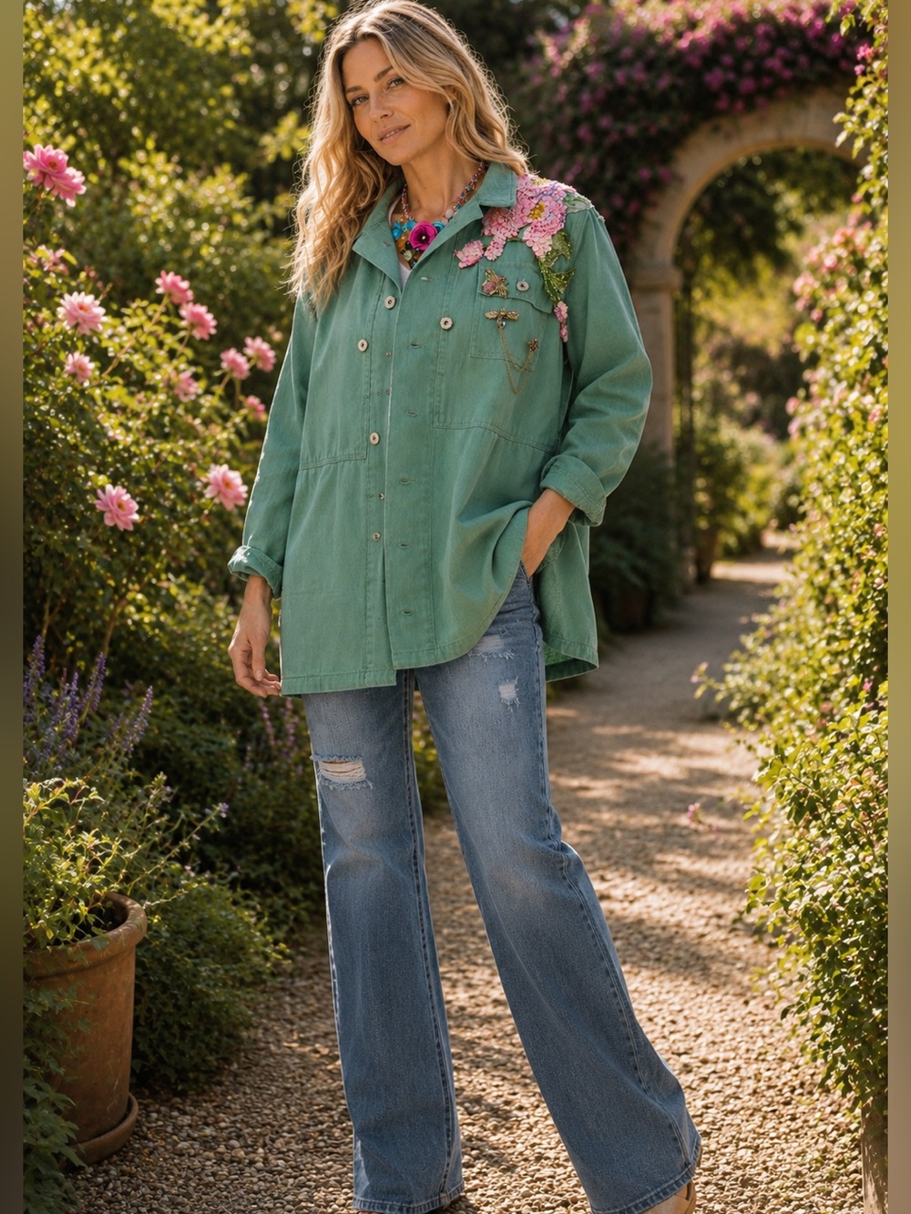 Michelle Sage Green Embellished Floral Art Jacket XL NWT